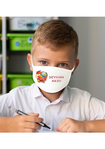 Çocuklara Özel Isimli Sınıflı Yıkanabilir Beyaz Okul Maskesi-1