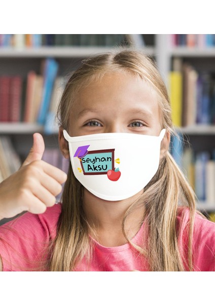 Çocuklara Özel Isimli Yıkanabilir Beyaz Okul Maskesi-13