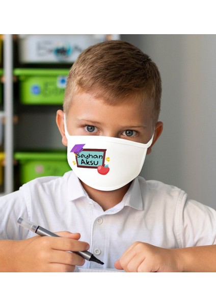 Çocuklara Özel Isimli Yıkanabilir Beyaz Okul Maskesi-13 fiyatları