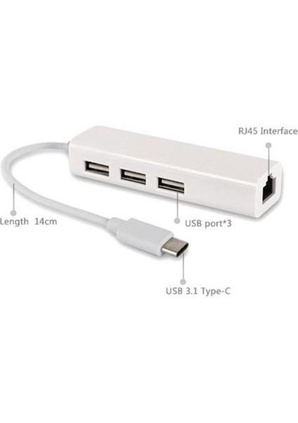 Type-C USB 3.1 To Ethernet Lan Adaptör + 3 Port USB 2.0 Hub