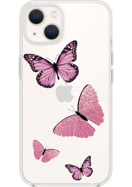 Apple Apple iPhone 13 Pembe Kelebekler Desenli Premium Silikonlu Şeffaf Telefon Kılıfı