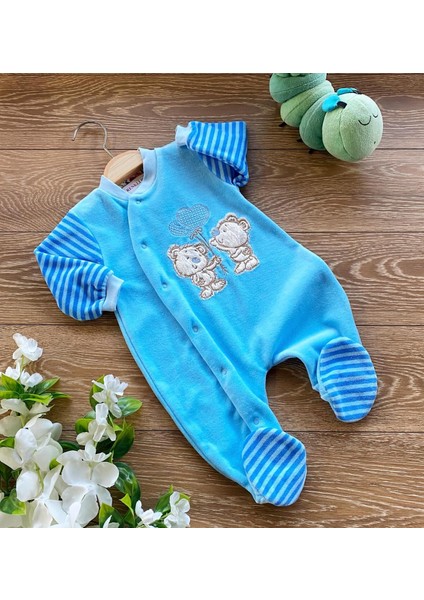 Kadife Bebek Tulum Ayı Kalpli Ekru Pembe Mavi