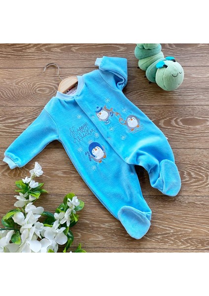 Kadife Bebek Tulum Penguen Ekru Pembe Mavi