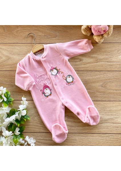 Kadife Bebek Tulum Penguen Ekru Pembe Mavi