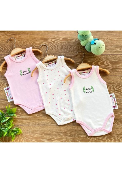 3'lü Penye Bebek Askılı Body Zıbın Takım Puan Kahverengi Pembe