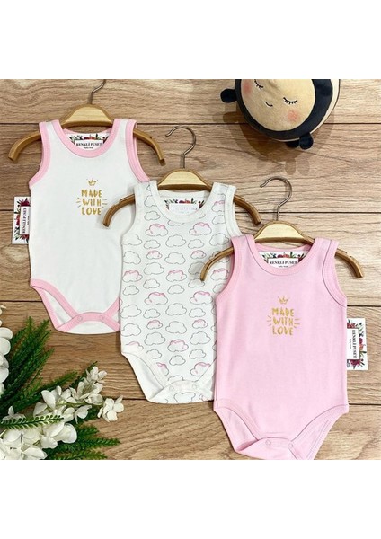 3'lü Penye Bebek Askılı Body Zıbın Takım Bulut Mavi Pembe Kahverengi