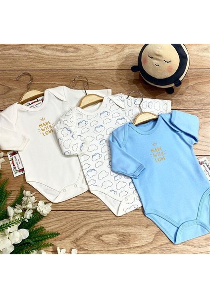 3'lü Penye Bebek Uzun Kollu Body Zıbın Takım Bulut Pembe Mavi Kahverengi
