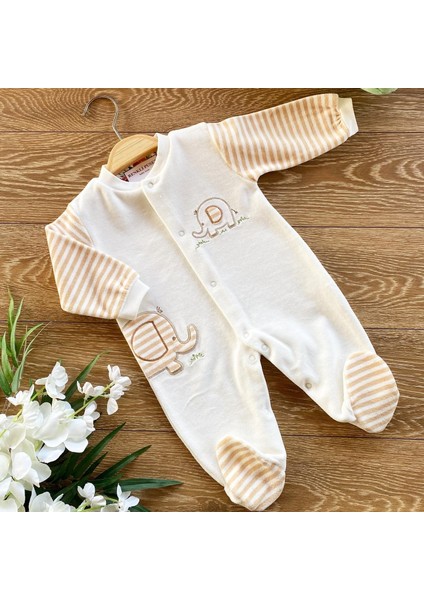 Kadife Bebek Tulum Fil Ekru Pembe Mavi