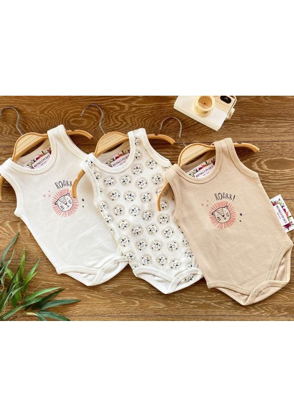 3'lü Penye Bebek Askılı Body Zıbın Takım Aslan Kahverengi Mavi Pembe