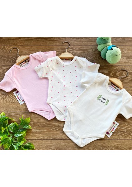 3'lü Penye Bebek Kısa Kollu Body Zıbın Takım Puan Pembe Kahverengi