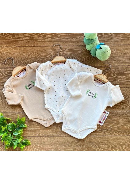 3'lü Penye Bebek Uzun Kollu Body Zıbın Takım Puan Pembe Kahverengi