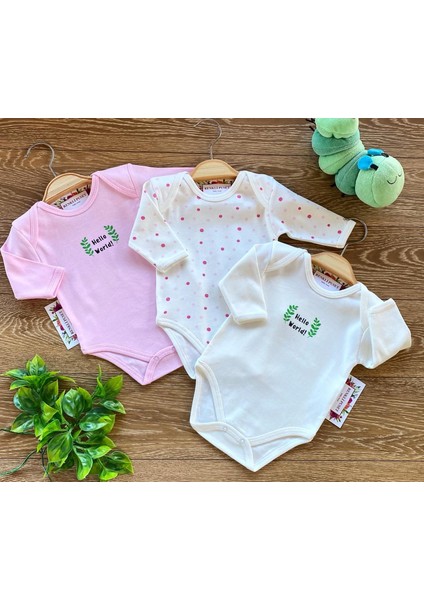 3'lü Penye Bebek Uzun Kollu Body Zıbın Takım Puan Pembe Kahverengi