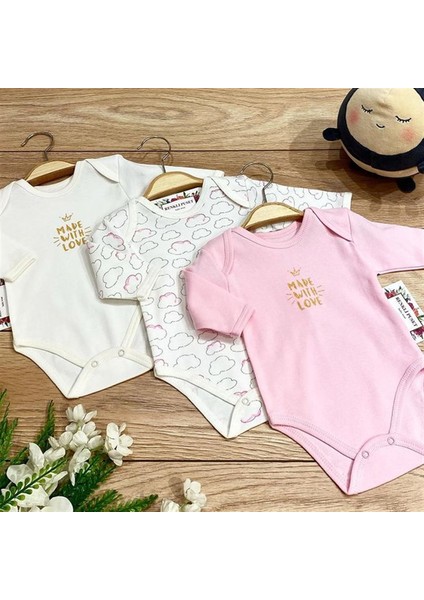 3'lü Penye Bebek Uzun Kollu Body Zıbın Takım Bulut Pembe Mavi Kahverengi