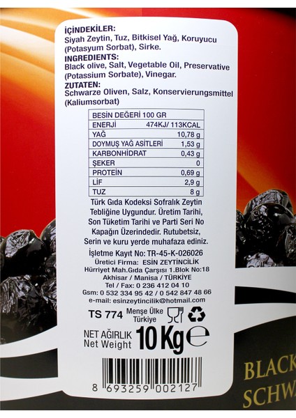 kahvaltılık Yağlı Sele Siyah Zeytin 260-290 Jumbo Boy 10 kg.