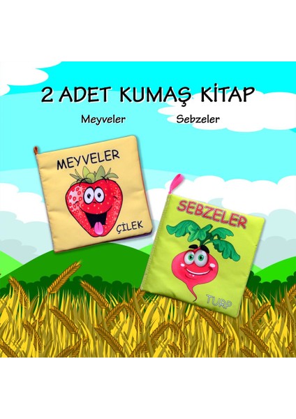 2 Kitap Tox Sebzeler ve Meyveler Kumaş Sessiz Kitap T113/T49 - Bez Kitap , Eğitici Oyuncak , Yumuşak ve Hışırtılı