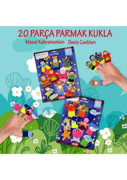 2 Set - 20 Parça Tox Masal Kahramanları ve Deniz Canlıları Parmak Kukla T221 T225