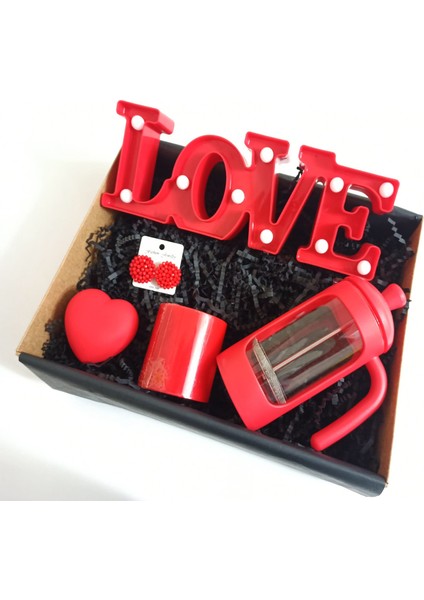 Sevgililer Günü, Anneler Günü, Doğum Günü Hediye Seti Işıklı Love, French Press, Mum, Işıklı Kalp Lamba, Kristal Küpe