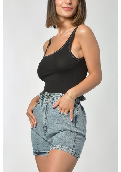 Beli Lastikli Büzgülü Kot Şort - Denim Denim - 32