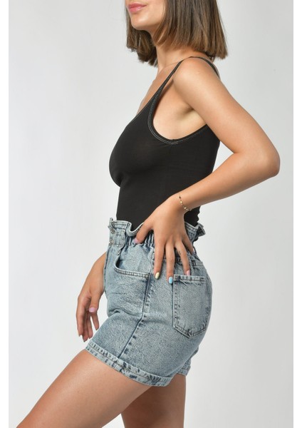 Beli Lastikli Büzgülü Kot Şort - Denim Denim - 32