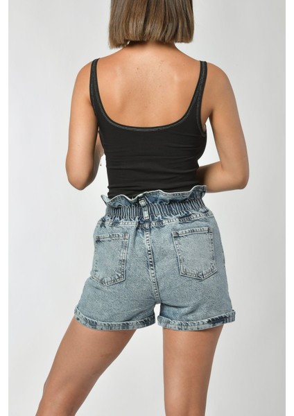 Beli Lastikli Büzgülü Kot Şort - Denim Denim - 32