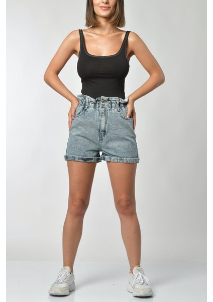 Beli Lastikli Büzgülü Kot Şort - Denim Denim - 32