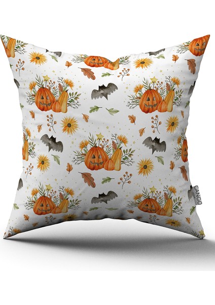 Turuncu Halloween Balkabağı Desenli Dijital Baskılı Kırlent Kılıfı CGH750