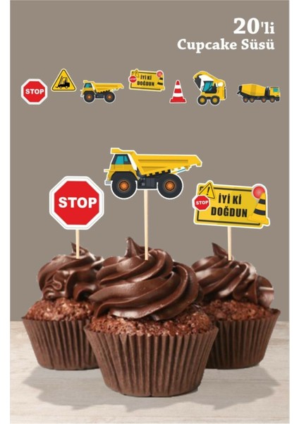 Neseligünlerim Iş Makinaları Cupcake Süsü Kürdanlı *kalın Kağıt
