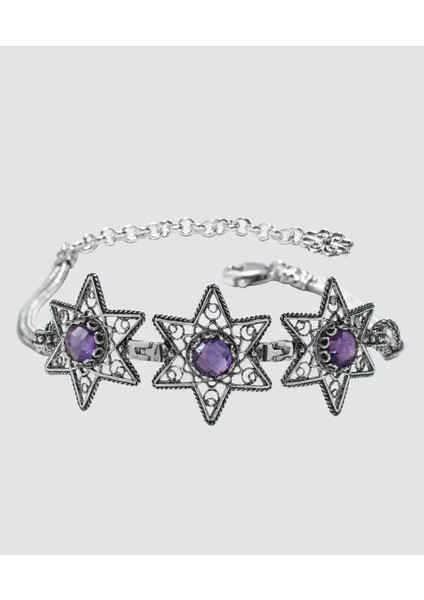 925 Ayar Gümüş Otantik El Işçiliği Telkari Doğal Ametist Taşlı Yıldız Kadın Bileklik