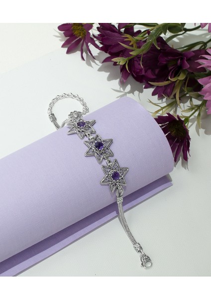 925 Ayar Gümüş Otantik El Işçiliği Telkari Doğal Ametist Taşlı Yıldız Kadın Bileklik fiyatları