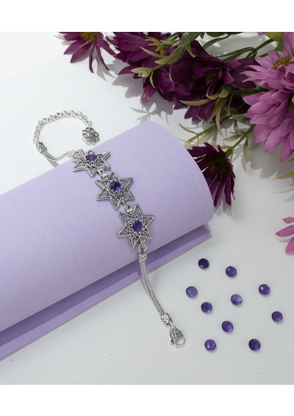 925 Ayar Gümüş Otantik El Işçiliği Telkari Doğal Ametist Taşlı Yıldız Kadın Bileklik modelleri