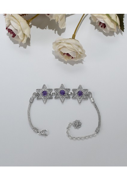 925 Ayar Gümüş Otantik El Işçiliği Telkari Doğal Ametist Taşlı Yıldız Kadın Bileklik fırsatları