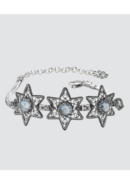 925 Ayar Gümüş Otantik El Işçiliği Telkari Doğal Sky Blue Topaz Taşlı Kadın Bileklik