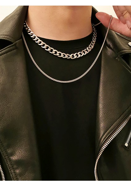 Gümüş Rengi Gerdanlık Kolye Unisex Katlı Cadena Kolye