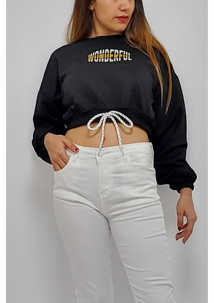 Baskılı Önden Bağlamalı Sweatshirt Siyah