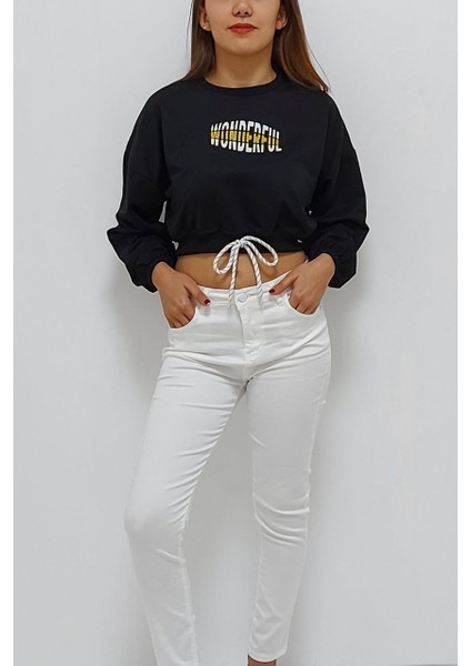 Baskılı Önden Bağlamalı Sweatshirt Siyah fiyatları