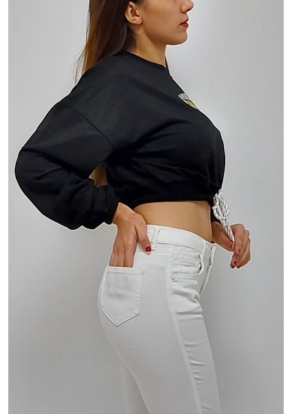 Baskılı Önden Bağlamalı Sweatshirt Siyah modelleri