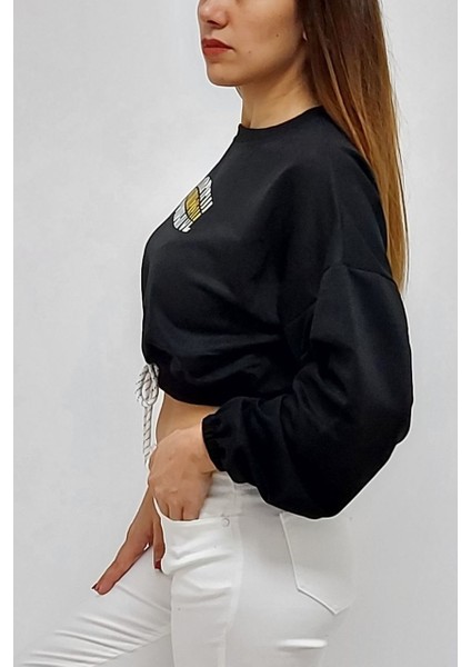 Baskılı Önden Bağlamalı Sweatshirt Siyah fırsatları
