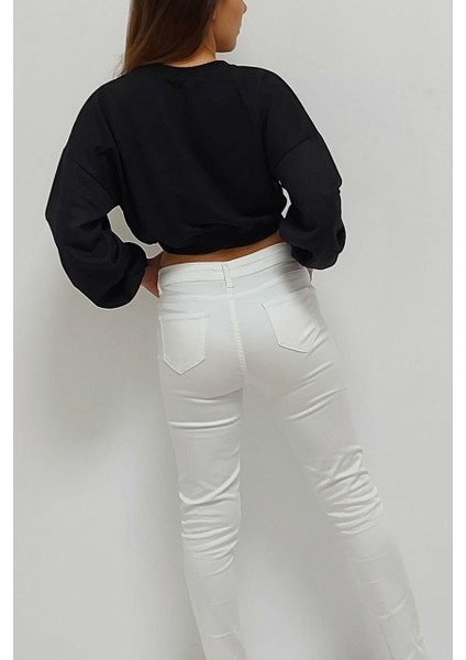 Baskılı Önden Bağlamalı Sweatshirt Siyah indirimleri