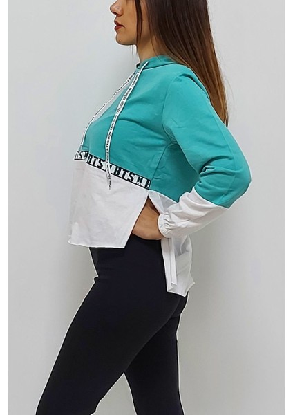 Kapüşonlu Şerit Baskılı Sweatshirt Turkuaz