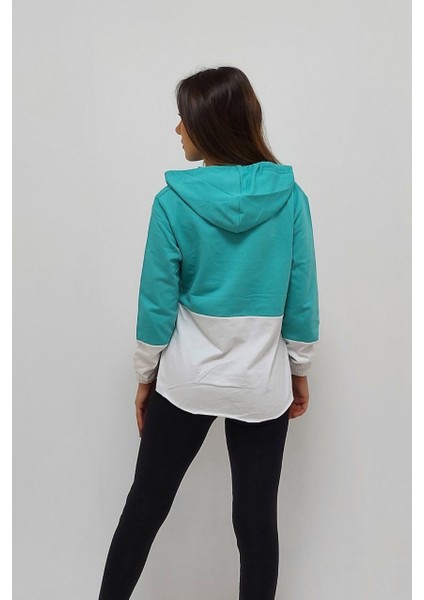 Kapüşonlu Şerit Baskılı Sweatshirt Turkuaz fiyatları