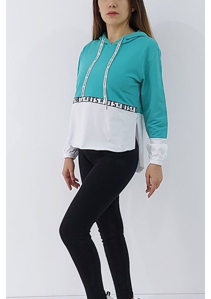Kapüşonlu Şerit Baskılı Sweatshirt Turkuaz modelleri