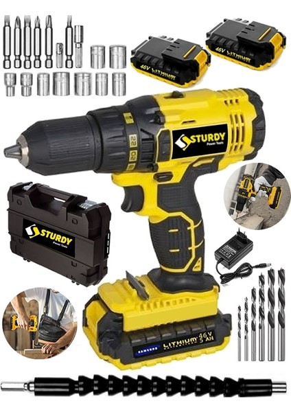 Power Tools 46VF 5mah Li̇tyum Çift Akülü New Seri̇ Şarjlı Vidalama Matkap 27 Parça Uç Setli