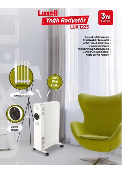 LUX-1225 9 Dilim 2000 Watt Yağlı Radyatör - Beyaz