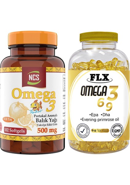 Omega 3 Balık Yağı 500 Mg 102 Softgel Portakal Aromalı ve Flx Omega 3-6-9 90 Tablet