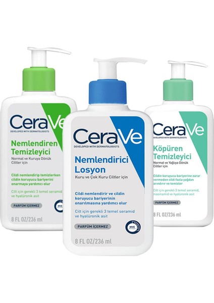 Nemlendiren Temizleyici 236 ml + Cerave Köpüren Temizleyici 236 ml + Cerave Nemlendirici Losyon 236 ml