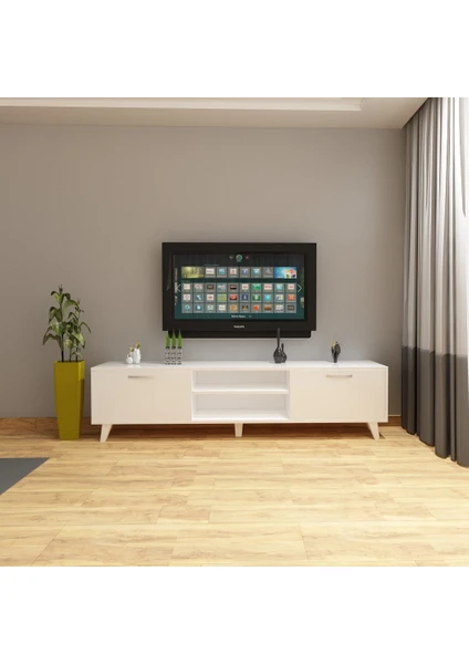 Dekormer Design Tv Ünitesi Dolaplı Beyaz 2 Kapaklı 180 cm