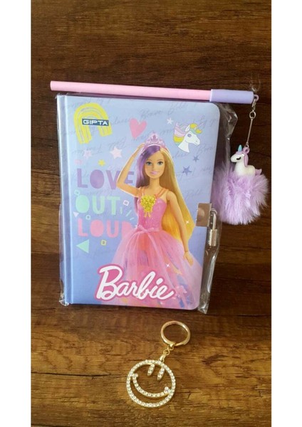 Barbie Kilitli Hatıra ve Günlük Defteri - Unicorn Ponpon Kalem - Taşlı Anahtarlık