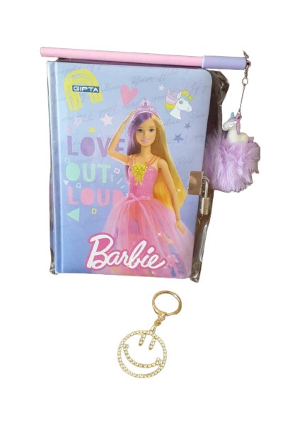 Barbie Kilitli Hatıra ve Günlük Defteri - Unicorn Ponpon Kalem - Taşlı Anahtarlık