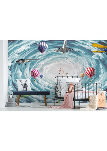 Kargaşanın Içinde Uçak ve Balon Desenli 3D Duvar Kağıdı fırsatları