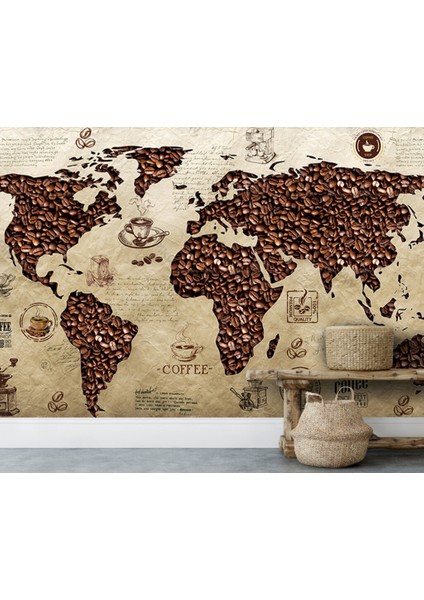 Kahve Desenli Dünya Haritalı 3D Duvar Kağıdı modelleri
